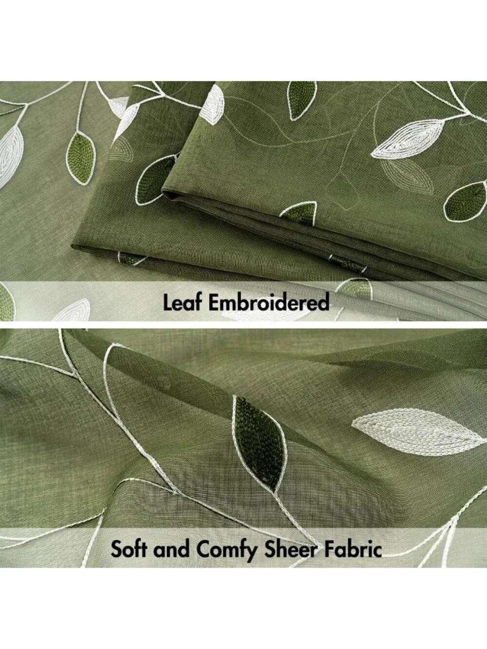 Olive Green Sheer Curtains Set, Leaf Pattern, Embroidered Floral, Rod Pocket, 2